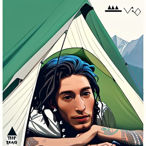  Camping poster which says in capital letters “CAMPING” and it has small symbols of wifi and tent in the bottom. Also have a small imagine of a camping van and a portrait of Bob Marley on the side