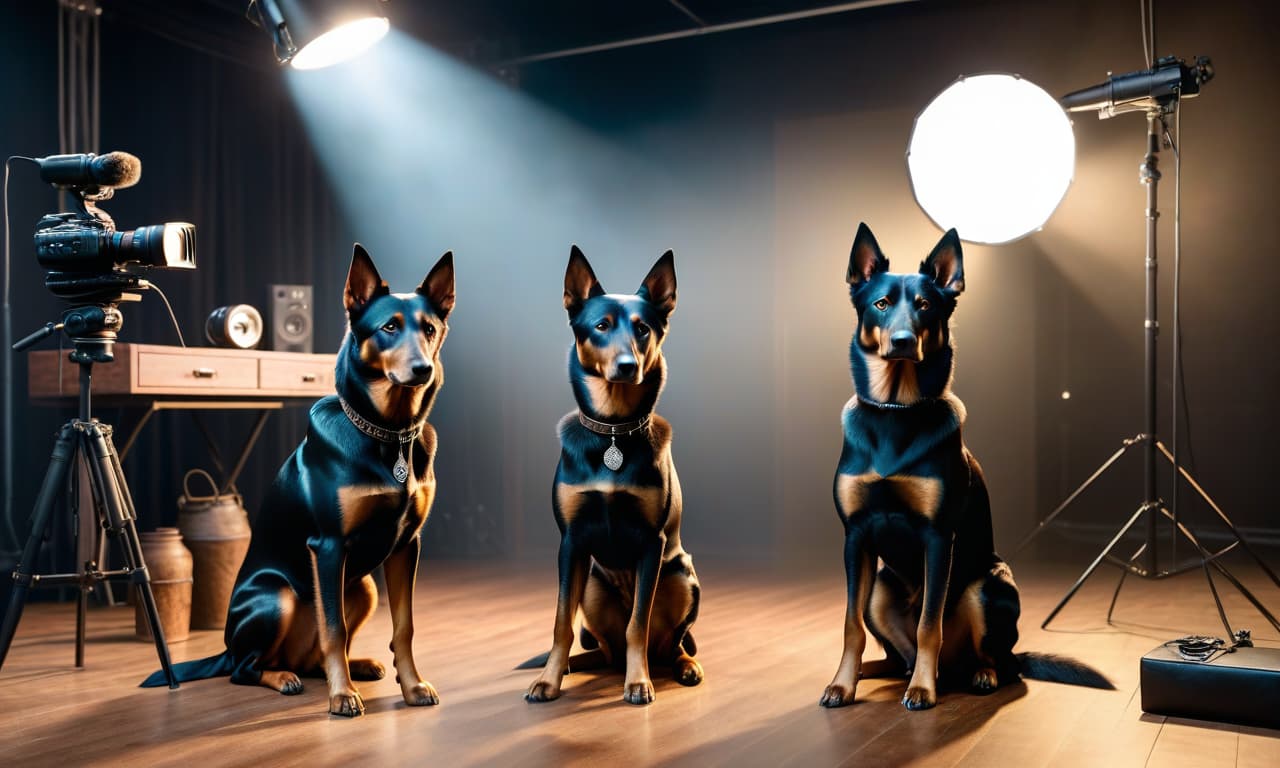  Three Kelpie dogs are filming in a studio. hyperrealistic, full body, detailed clothing, highly detailed, cinematic lighting, stunningly beautiful, intricate, sharp focus, f/1. 8, 85mm, (centered image composition), (professionally color graded), ((bright soft diffused light)), volumetric fog, trending on instagram, trending on tumblr, HDR 4K, 8K