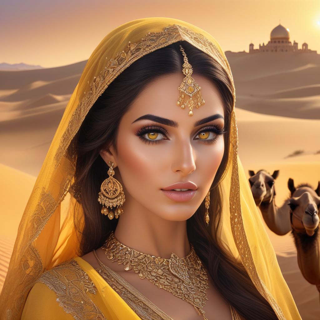  hyperrealistic art A woman with intricate jewelry and a colorful veil gazes intently, as a caravan of camels traverses a desert with a sunset behind. masterpiece.(Desert + dunes).(the main background is a yellow orange gradient).(The Sheikh's castle is in the background).(In the foreground on the right is a caravan of camels + Arabs).(In the foreground on the left is a beautiful Iranian woman with beautiful black eyes).(The Iranian woman is wearing beautiful clothes + expensive jewelry) (The Iranian woman has an openwork veil on her face, she holds it with her hand). (The most beautiful photo in the world.) . extremely high resolution details, photographic, realism pushed to extreme, fine texture, incredibly lifelike hyperrealistic, full body, detailed clothing, highly detailed, cinematic lighting, stunningly beautiful, intricate, sharp focus, f/1. 8, 85mm, (centered image composition), (professionally color graded), ((bright soft diffused light)), volumetric fog, trending on instagram, trending on tumblr, HDR 4K, 8K