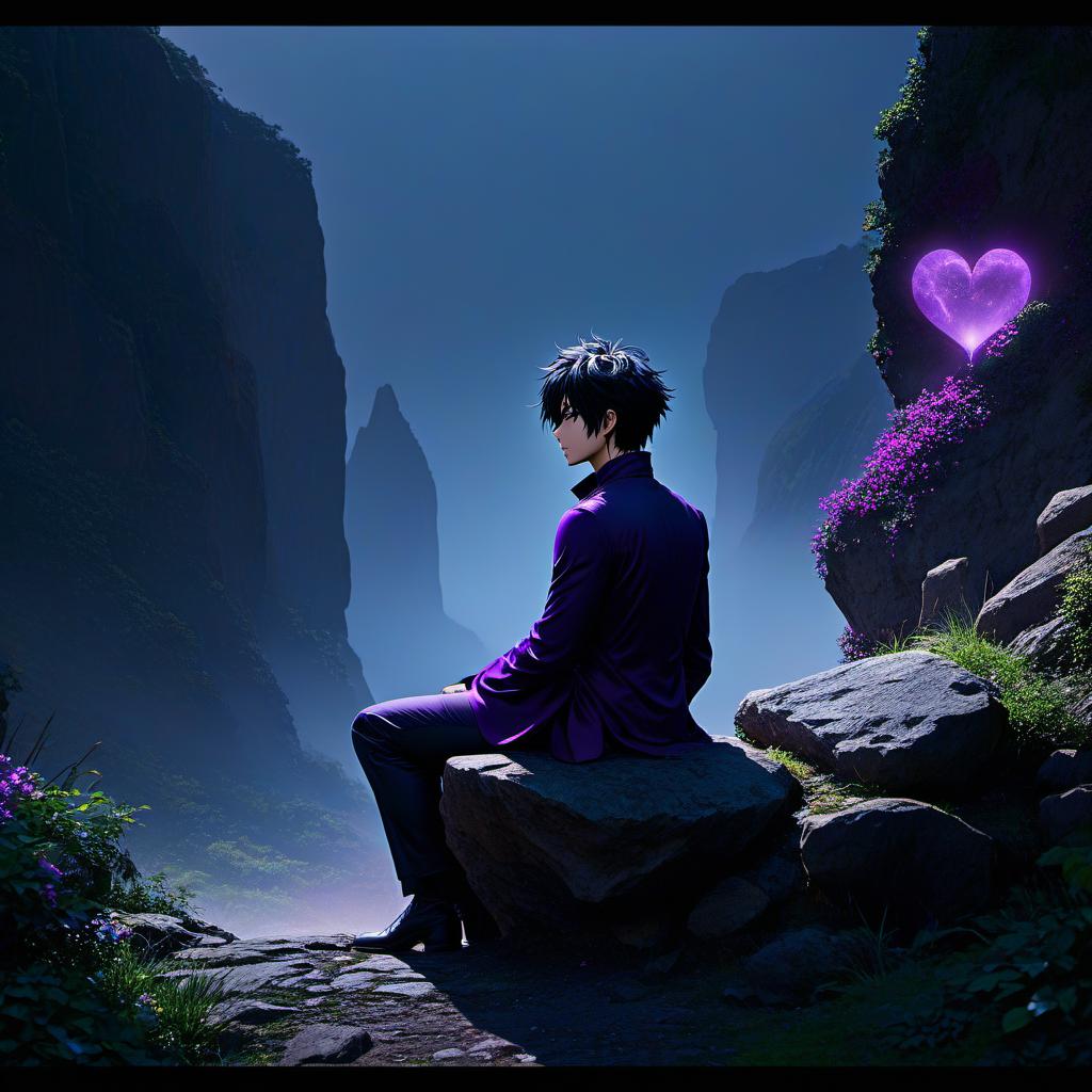  anime artwork Dark tones, a person is sitting with their back against a stone looking into the distance, on the heart, Arty should be drenched in sadness and have an anime style, with purple or blue tones. . anime style, key visual, vibrant, studio anime, highly detailed hyperrealistic, full body, detailed clothing, highly detailed, cinematic lighting, stunningly beautiful, intricate, sharp focus, f/1. 8, 85mm, (centered image composition), (professionally color graded), ((bright soft diffused light)), volumetric fog, trending on instagram, trending on tumblr, HDR 4K, 8K