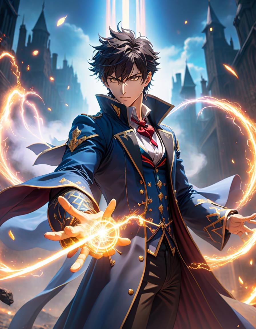  anime artwork a male magician in a coat with sleeves shoots energy from his hands on the battlefield . anime style, key visual, vibrant, studio anime, highly detailed hyperrealistic, full body, detailed clothing, highly detailed, cinematic lighting, stunningly beautiful, intricate, sharp focus, f/1. 8, 85mm, (centered image composition), (professionally color graded), ((bright soft diffused light)), volumetric fog, trending on instagram, trending on tumblr, HDR 4K, 8K