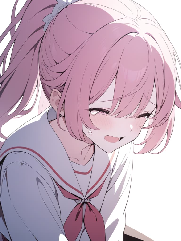  ((Tearful eyes,pink hair,crying,winning heroine,girl who has succeeded in love)),beautiful girl,beautiful,cute,sailor uniform,ponytail,looking down,pink eyes,happy expression,tears,flushed face,tears of joy,happiness,happy girl,student,female student,crying while laughing,laughing,tears、ultra detailed,best shadow,cute and beautiful face,(masterpiece:1.2),(best quality:1.2),detailed background,high contrast,(best illumination,an extremely delicate and beautiful),((cinematic light)),hyper detail,dramatic light,intricate details,8k,anime,very aesthetic, masterpiece, best quality,8k,ultra detailed,high resolution,an extremely delicate and beautiful,hyper detail