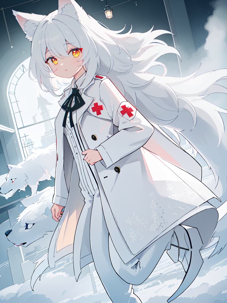  ((white werewolf only、anthropomorphic wolf only、1 man with the head of a wolf))、claw hands:1.2、from behind、looking back:1.2、(white trench coat with a red cross pattern on the back:1.2)、in dark night field、best quality:1.4、masterpiece:1.4、ultra detailed texture、RAW photorealistic、absurd resolution、8K illustration、💩、💩、💩、💩、💩、, masterpiece, best quality,8k,ultra detailed,high resolution,an extremely delicate and beautiful,hyper detail hyperrealistic, full body, detailed clothing, highly detailed, cinematic lighting, stunningly beautiful, intricate, sharp focus, f/1. 8, 85mm, (centered image composition), (professionally color graded), ((bright soft diffused light)), volumetric fog, trending on instagram, trending on tumblr, HDR 4K, 8K