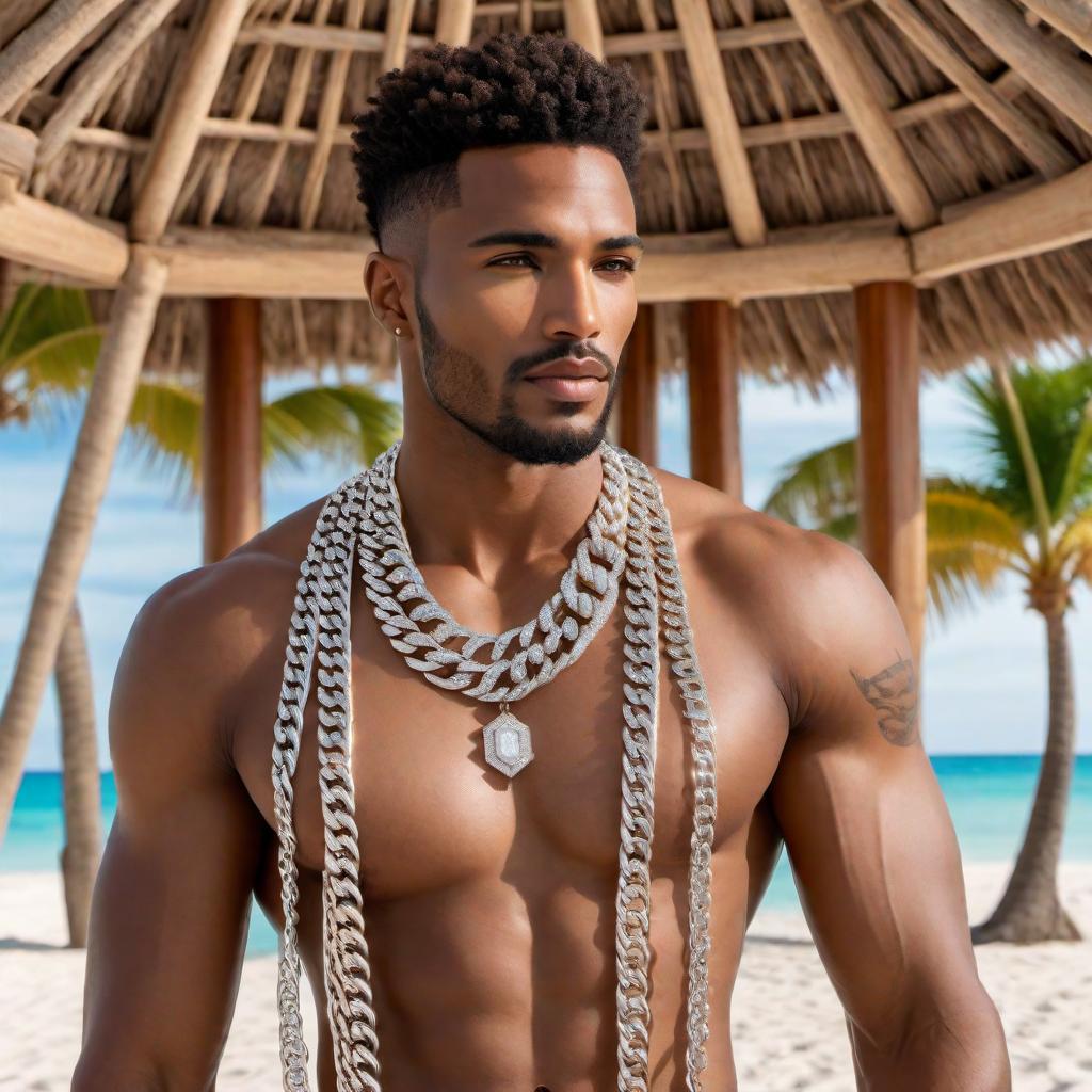  A male model at a beach gazebo wearing a diamond-clustered Cuban link chain. The beach is scenic with crystal-clear waters, white sand, and palm trees. The gazebo provides shade with a rustic wooden structure. The model is casually dressed, showcasing the chain prominently. hyperrealistic, full body, detailed clothing, highly detailed, cinematic lighting, stunningly beautiful, intricate, sharp focus, f/1. 8, 85mm, (centered image composition), (professionally color graded), ((bright soft diffused light)), volumetric fog, trending on instagram, trending on tumblr, HDR 4K, 8K