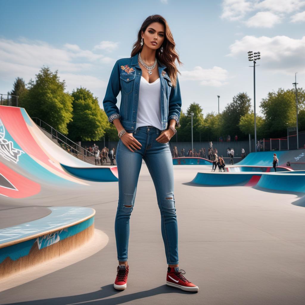  A fashion model wearing a diamond necklace at a lively skatepark. The skatepark is bustling with skateboarders performing tricks, with graffiti art on the walls and ramps. The model should be the focal point, elegantly dressed, contrasting with the casual and energetic atmosphere of the skatepark. The diamond necklace should sparkle, drawing attention. hyperrealistic, full body, detailed clothing, highly detailed, cinematic lighting, stunningly beautiful, intricate, sharp focus, f/1. 8, 85mm, (centered image composition), (professionally color graded), ((bright soft diffused light)), volumetric fog, trending on instagram, trending on tumblr, HDR 4K, 8K