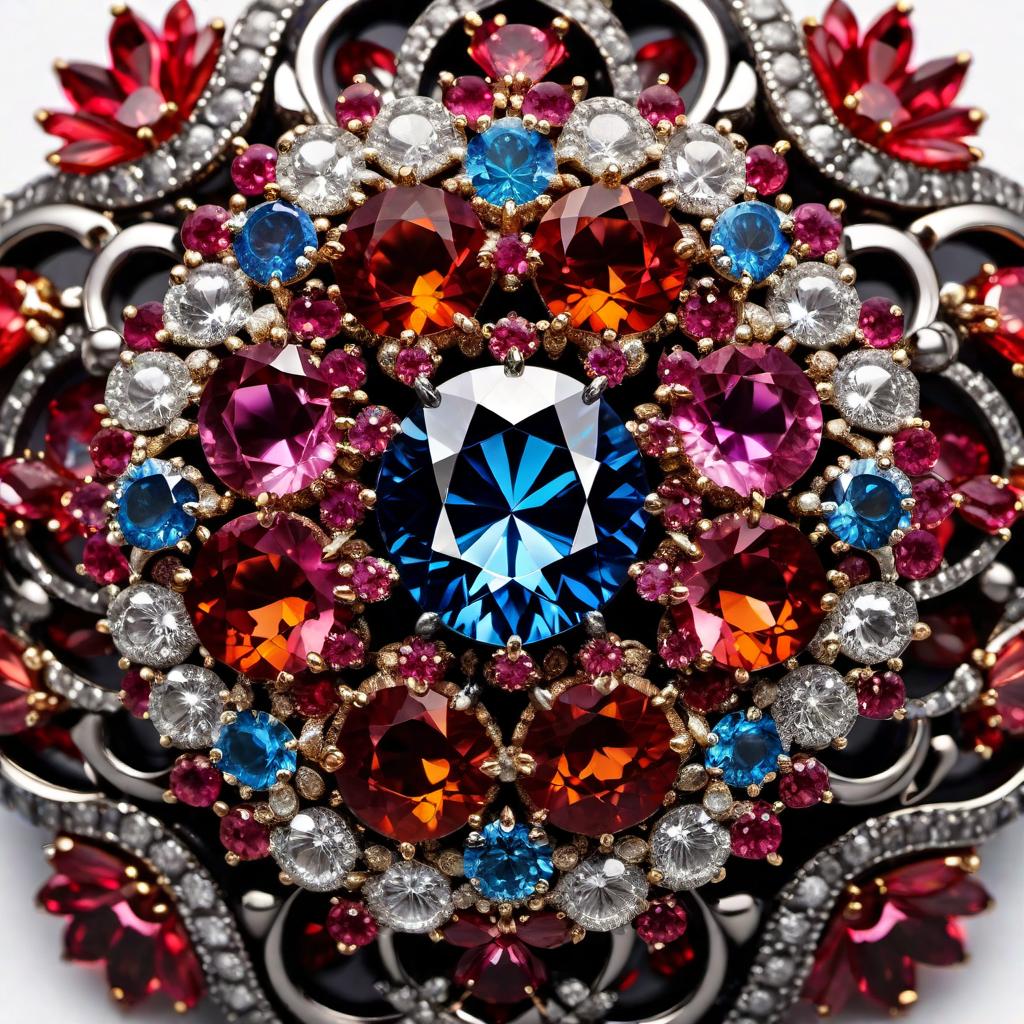  A single round cut gemstone at the center, surrounded by six trillion cut gemstones arranged in a flower-like pattern. hyperrealistic, full body, detailed clothing, highly detailed, cinematic lighting, stunningly beautiful, intricate, sharp focus, f/1. 8, 85mm, (centered image composition), (professionally color graded), ((bright soft diffused light)), volumetric fog, trending on instagram, trending on tumblr, HDR 4K, 8K