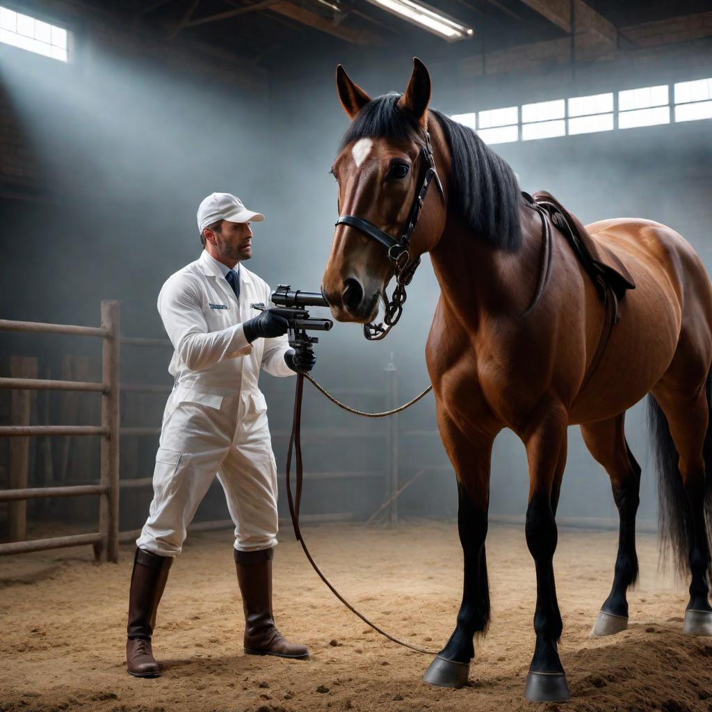  A realistic scene where a horse is standing calmly with a muzzle on, about to be stunned by a captive bolt gun in a controlled and sterile environment. Trained professionals are present to ensure humane treatment, and the captive bolt gun is ready, illustrating the procedure being performed with the muzzle on. hyperrealistic, full body, detailed clothing, highly detailed, cinematic lighting, stunningly beautiful, intricate, sharp focus, f/1. 8, 85mm, (centered image composition), (professionally color graded), ((bright soft diffused light)), volumetric fog, trending on instagram, trending on tumblr, HDR 4K, 8K