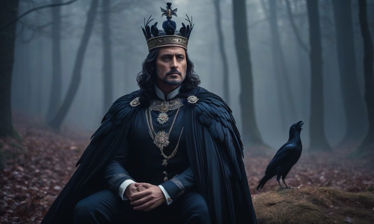  cinematic film still A European man, who is a king, turns into a raven while wearing a crown. . shallow depth of field, vignette, highly detailed, high budget, bokeh, cinemascope, moody, epic, gorgeous, film grain, grainy hyperrealistic, full body, detailed clothing, highly detailed, cinematic lighting, stunningly beautiful, intricate, sharp focus, f/1. 8, 85mm, (centered image composition), (professionally color graded), ((bright soft diffused light)), volumetric fog, trending on instagram, trending on tumblr, HDR 4K, 8K