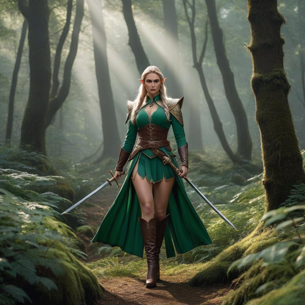  Photo, Elf with sword, in the forest, , full size hyperrealistic, full body, detailed clothing, highly detailed, cinematic lighting, stunningly beautiful, intricate, sharp focus, f/1. 8, 85mm, (centered image composition), (professionally color graded), ((bright soft diffused light)), volumetric fog, trending on instagram, trending on tumblr, HDR 4K, 8K