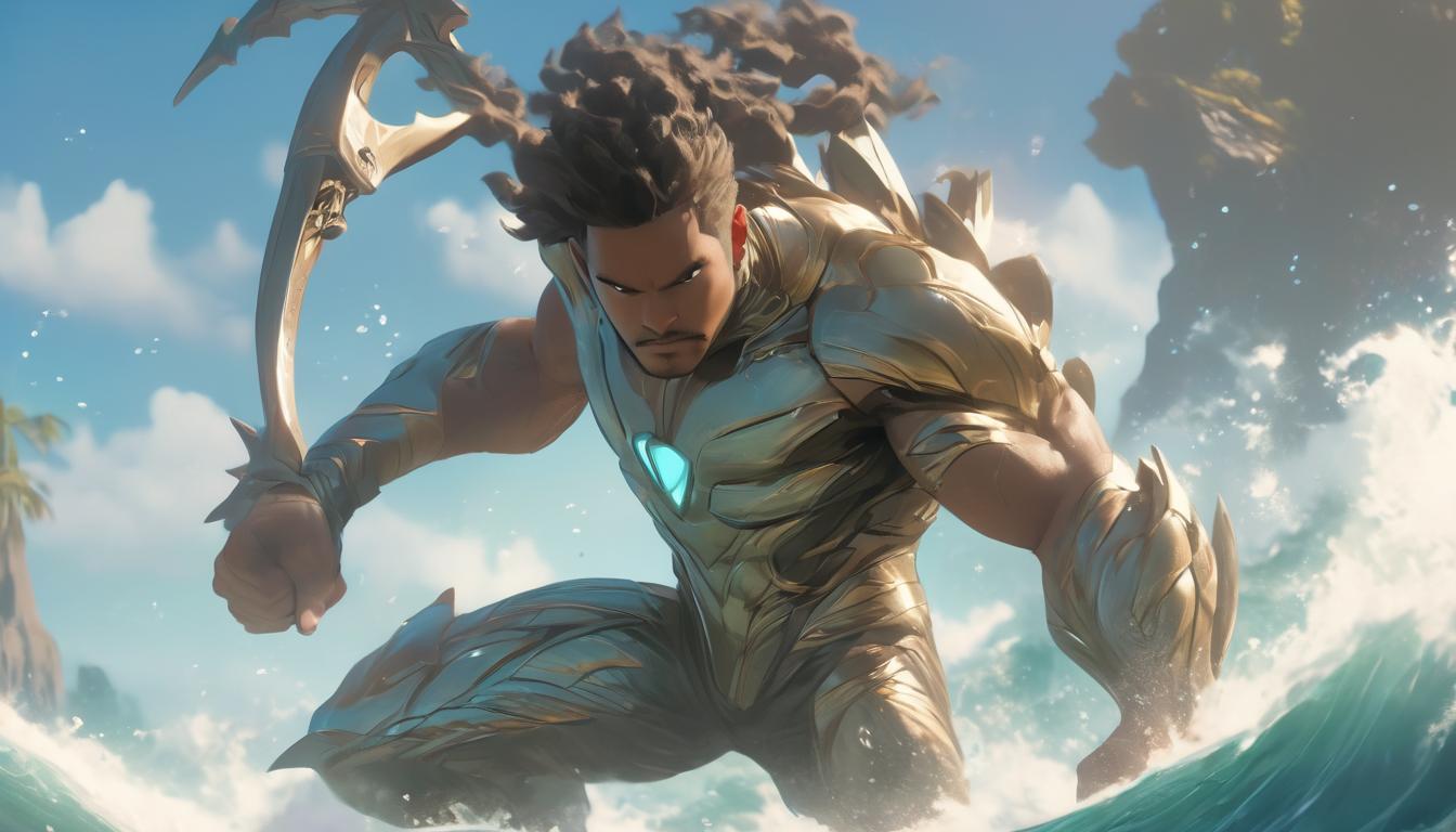  hyperrealism,fantasy aestheticMaui holding a magical fishhook, poised for action, sea waves in the background, mythic quest, determined expression, reshaping the landscape, high tech clothing clad in sleek, futuristic costume with metallic accents and form fitting designs, marvel superhero comics style, unreal engine rendering