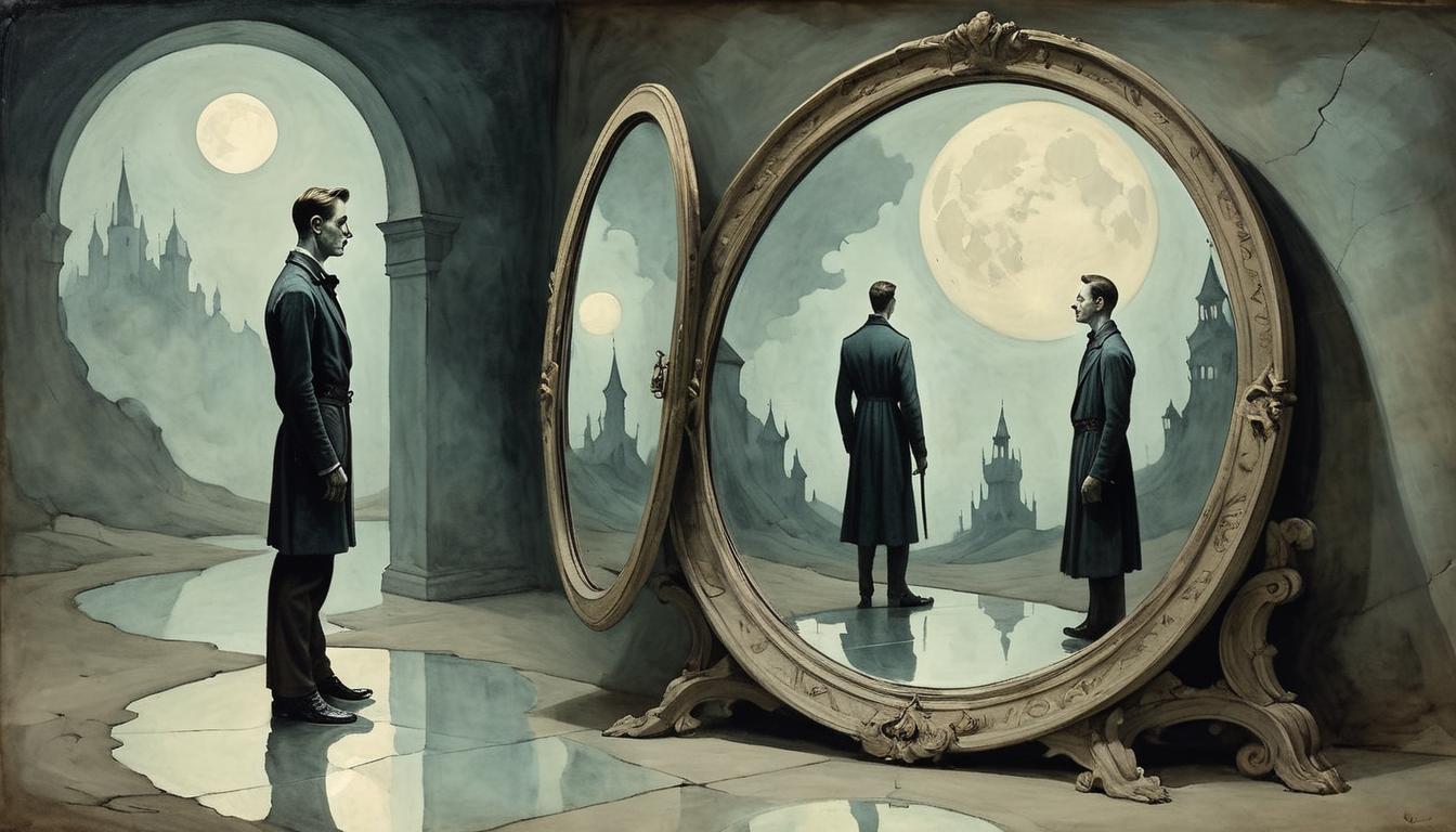  on parchment, surrealism+++, A mirror reflecting a person's image, the reflection is a distorted and exaggerated version of the person, symbolic of imitation, pale moonlight casts eerie glow, shadows elongate, surreal, unsettling(mysterious, provocative, symbolic,muted color)+++