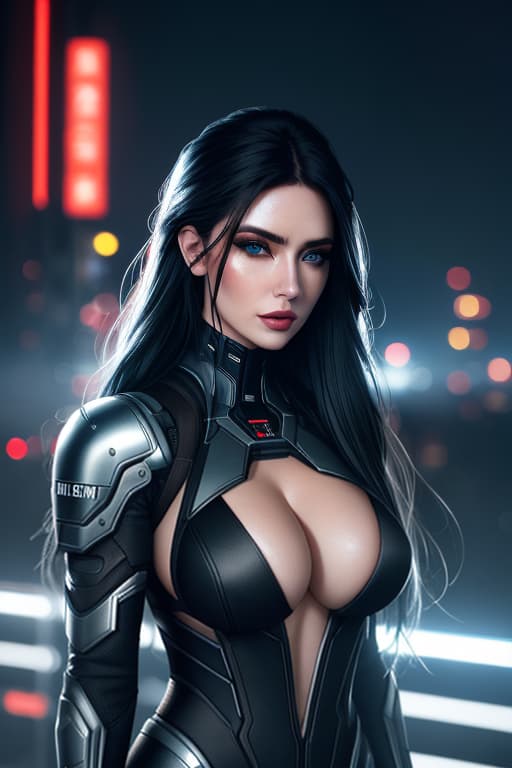  ultra realistic portrait ((beautiful pale cyberpunk female with heavy black eyeliner)), blue eyes, shaved side haircut, long wavy hair, huge boobs, deep cleavage, hyper detail, cinematic lighting, magic neon, dark red city, Canon EOS R3, nikon, f/1.4, ISO 200, 1/160s, 8K, RAW, unedited, symmetrical balance, in frame, 8K hyperrealistic, full body, detailed clothing, highly detailed, cinematic lighting, stunningly beautiful, intricate, sharp focus, f/1. 8, 85mm, (centered image composition), (professionally color graded), ((bright soft diffused light)), volumetric fog, trending on instagram, trending on tumblr, HDR 4K, 8K