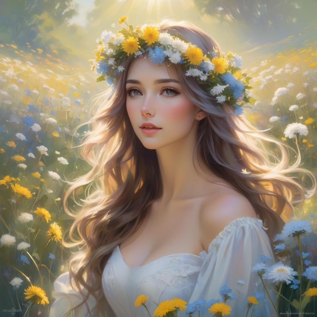  abstract expressionist painting A with a floral crown and flowing hair is amidst a bright field of flowers, sunlight dappling through, creating a serene, magical atmosphere In the style of Daniel F Gerhartz and Morgan Weistling. A young with long, wavy hair adorned with small blue and white flowers blowing on a dandelion in a meadow filled with dandelions and other small flowers. She wears a white dress with puffy sleeves. The scene is ed in soft, warm light, creating a dreamy, ethereal atmosphere. Started from image: . energetic brushwork, bold colors, abstract forms, expressive, emotional hyperrealistic, full body, detailed clothing, highly detailed, cinematic lighting, stunningly beautiful, intricate, sharp focus, f/1. 8, 85mm, (centered image composition), (professionally color graded), ((bright soft diffused light)), volumetric fog, trending on instagram, trending on tumblr, HDR 4K, 8K