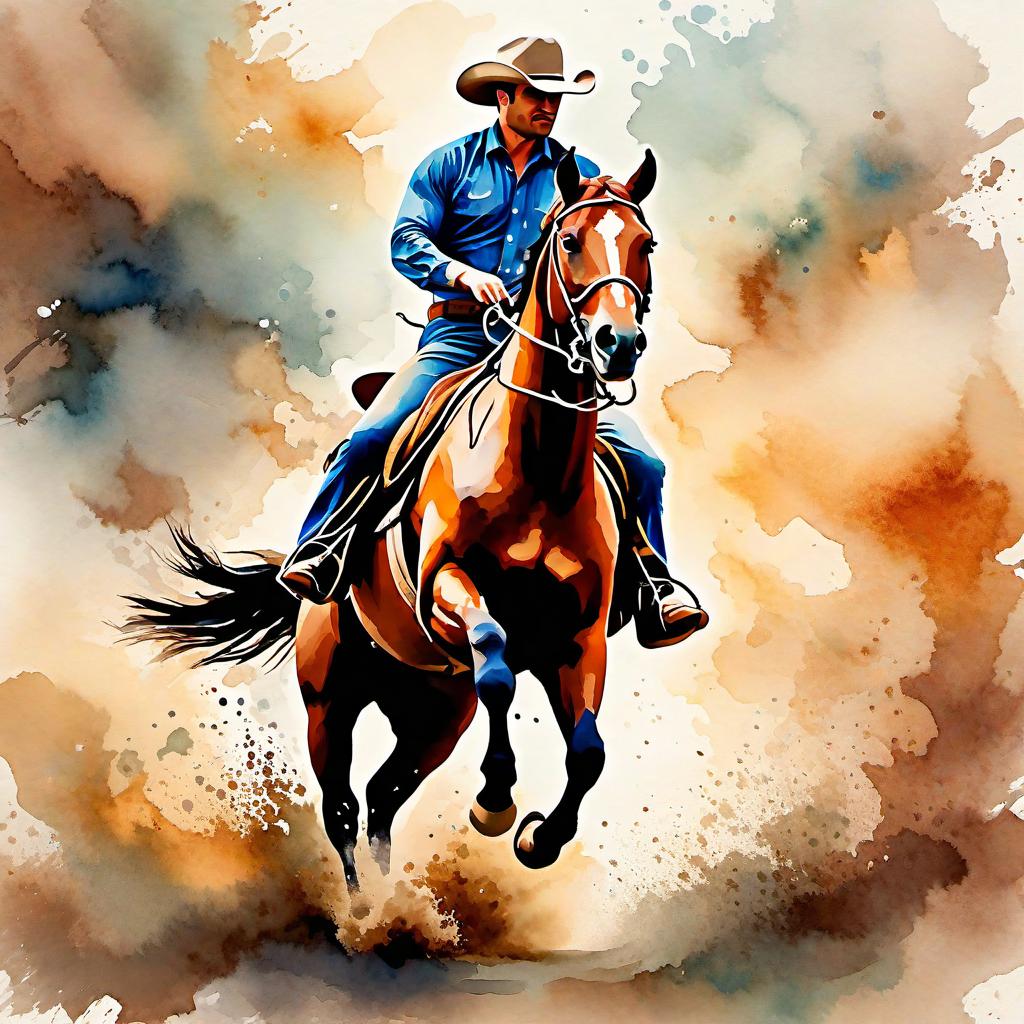  Create a watercolor painting of a man ridding a bucking horse at a rodeo. The background features soft, watercolor style splashes in earthy tones, giving the image an artistic and dreamy feel. Ensure the overall image has a delicate watercolor effect.