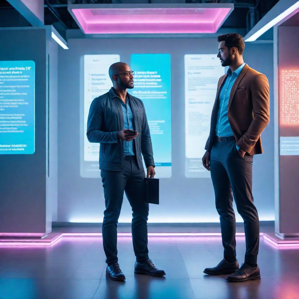  A creative and colorful depiction of an AI assistant interacting with a user through text messages. The assistant is portrayed as a helpful and friendly character, engaging in a conversation with the user. The background is modern and futuristic, symbolizing technology and innovation. hyperrealistic, full body, detailed clothing, highly detailed, cinematic lighting, stunningly beautiful, intricate, sharp focus, f/1. 8, 85mm, (centered image composition), (professionally color graded), ((bright soft diffused light)), volumetric fog, trending on instagram, trending on tumblr, HDR 4K, 8K