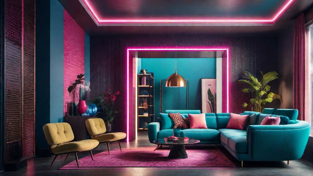  Generate an image of a living room with a vibrant 80s retro interior design. The room should feature bold colors like neon pink, electric blue, and lime green, along with geometric wallpaper in bright tones. Include retro furniture with sleek lines and futuristic shapes, especially a statement sofa in a striking pattern. Add accessories like lava lamps, shag rugs, and vinyl records to enhance the retro vibe. hyperrealistic, full body, detailed clothing, highly detailed, cinematic lighting, stunningly beautiful, intricate, sharp focus, f/1. 8, 85mm, (centered image composition), (professionally color graded), ((bright soft diffused light)), volumetric fog, trending on instagram, trending on tumblr, HDR 4K, 8K