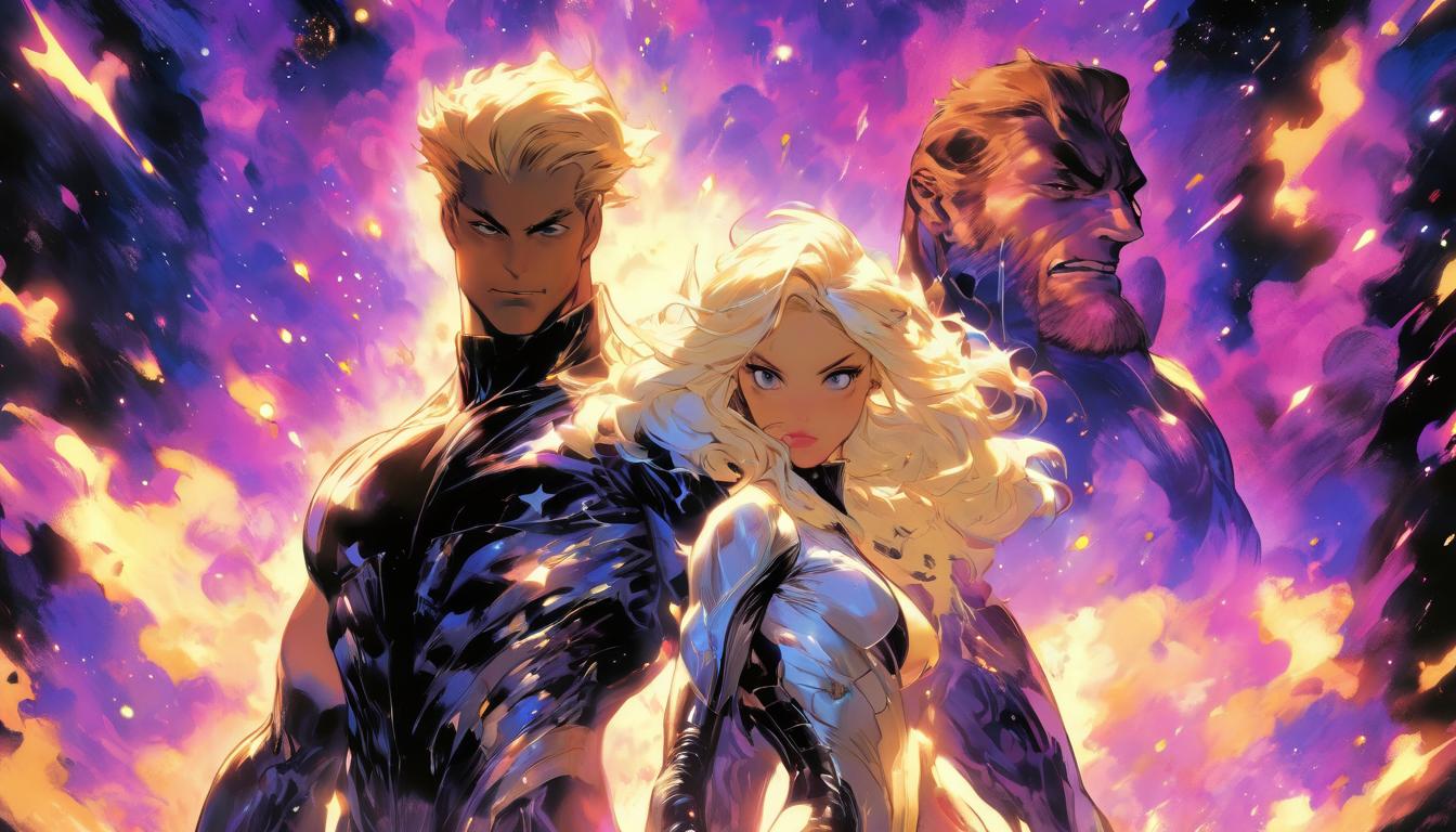  hyperrealism,fantasy aesthetic1man1woman, large busted attractive blonde arian female humanoid and handsome male humanoid, creating profound change, surrounded by starry cosmic background, high tech clothing clad in sleek, futuristic costume with metallic accents and form fitting designs, marvel superhero comics style, unreal engine rendering