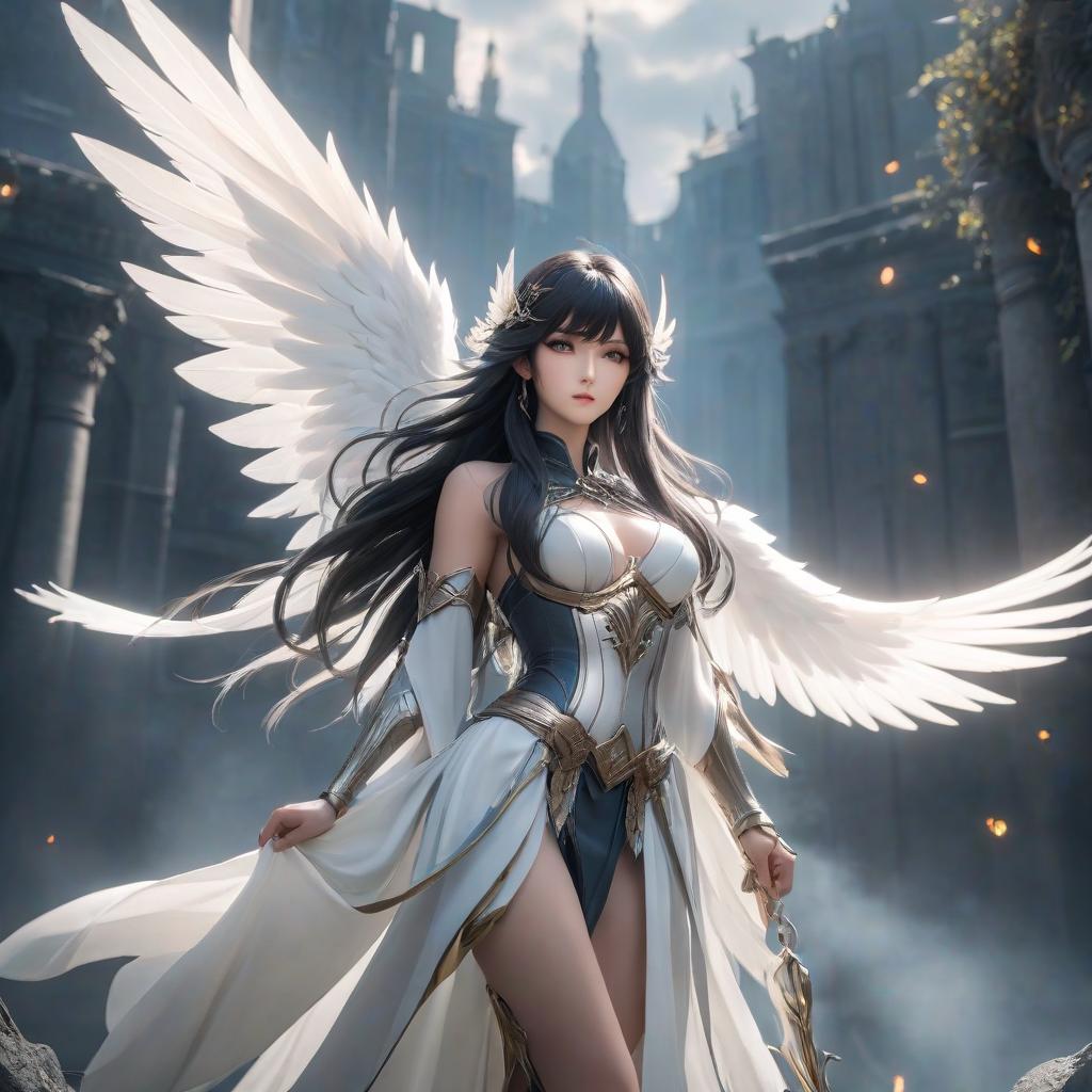  The goddess of wind and freedom. Dark long hair with bangs, white wings, gray eyes, slim body hyperrealistic, full body, detailed clothing, highly detailed, cinematic lighting, stunningly beautiful, intricate, sharp focus, f/1. 8, 85mm, (centered image composition), (professionally color graded), ((bright soft diffused light)), volumetric fog, trending on instagram, trending on tumblr, HDR 4K, 8K