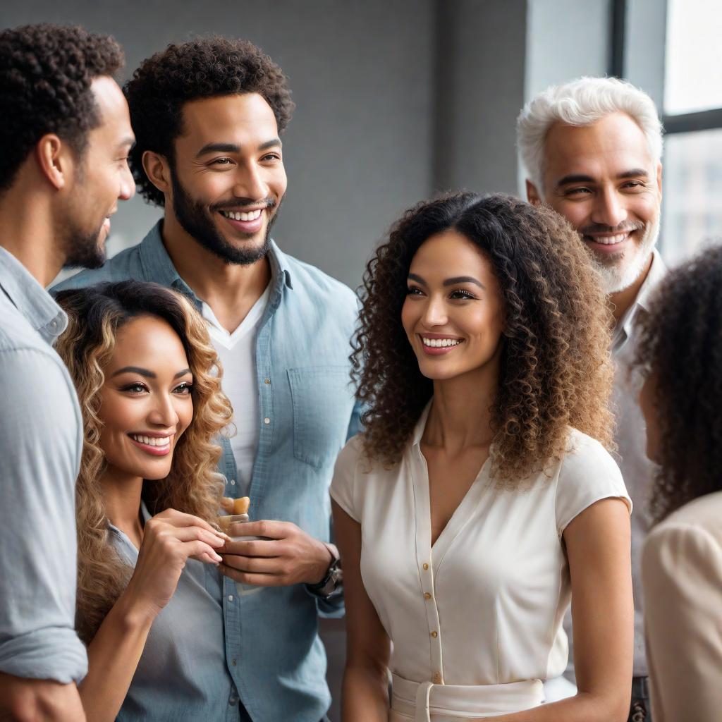  An image of four mixed-race people chatting together: 1. A Chinese mixed-race woman with a friendly expression. 2. A Middle Eastern white man with curly hair, engaging in the conversation. 3. A Japanese mixed Latino woman with curly white hair, actively listening. 4. A mixed-race African European man with wavy blond hair tied back smiling and contributing to the discussion. hyperrealistic, full body, detailed clothing, highly detailed, cinematic lighting, stunningly beautiful, intricate, sharp focus, f/1. 8, 85mm, (centered image composition), (professionally color graded), ((bright soft diffused light)), volumetric fog, trending on instagram, trending on tumblr, HDR 4K, 8K