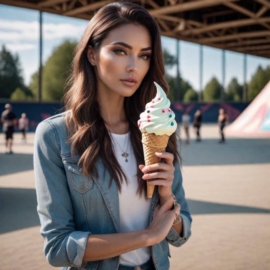  Beautiful female model wearing a diamond clustered ice cream cone pendant at a skatepark hyperrealistic, full body, detailed clothing, highly detailed, cinematic lighting, stunningly beautiful, intricate, sharp focus, f/1. 8, 85mm, (centered image composition), (professionally color graded), ((bright soft diffused light)), volumetric fog, trending on instagram, trending on tumblr, HDR 4K, 8K