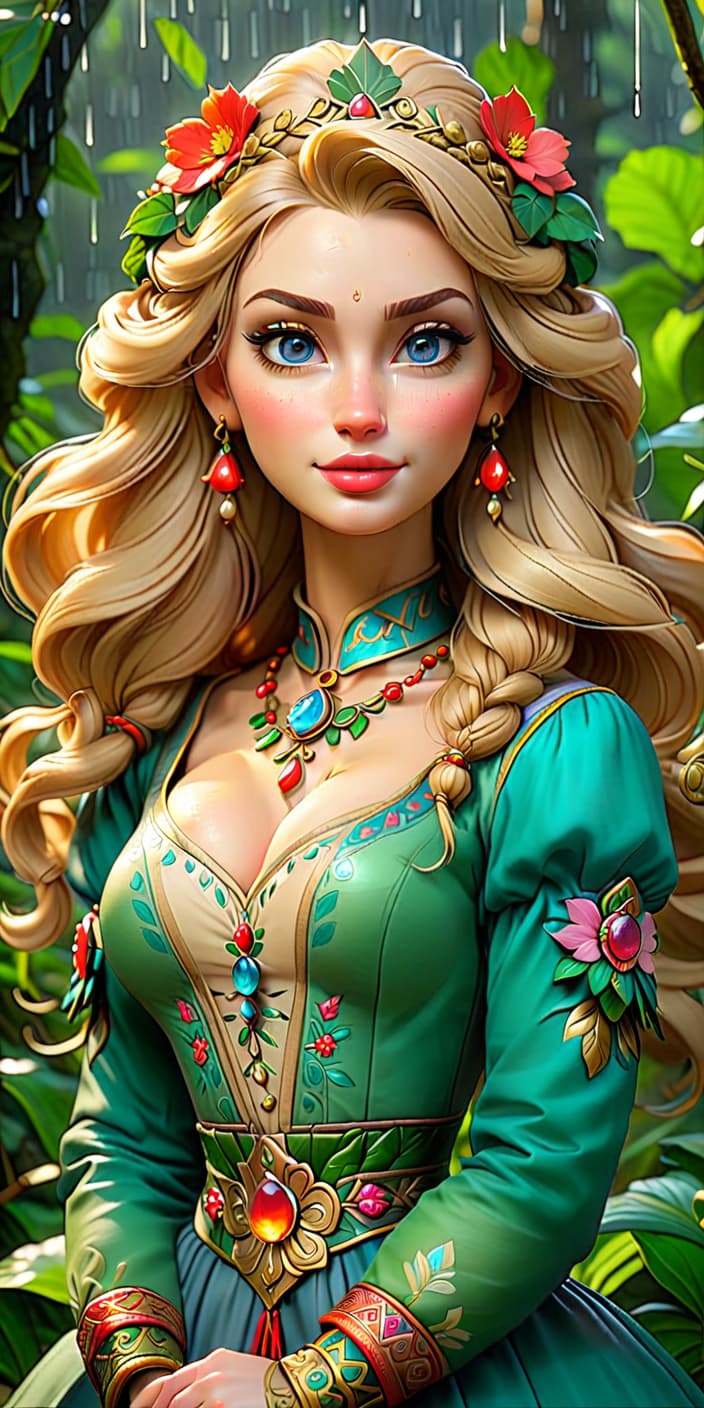  kawaii style A Slavic with light hair, , many ornaments on her body, in the background is the rain in the jungle, the aesthetics of the female body, front view, high detail. . cute, adorable, brightly colored, cheerful, anime influence, highly detailed, on parchment hyperrealistic, full body, detailed clothing, highly detailed, cinematic lighting, stunningly beautiful, intricate, sharp focus, f/1. 8, 85mm, (centered image composition), (professionally color graded), ((bright soft diffused light)), volumetric fog, trending on instagram, trending on tumblr, HDR 4K, 8K