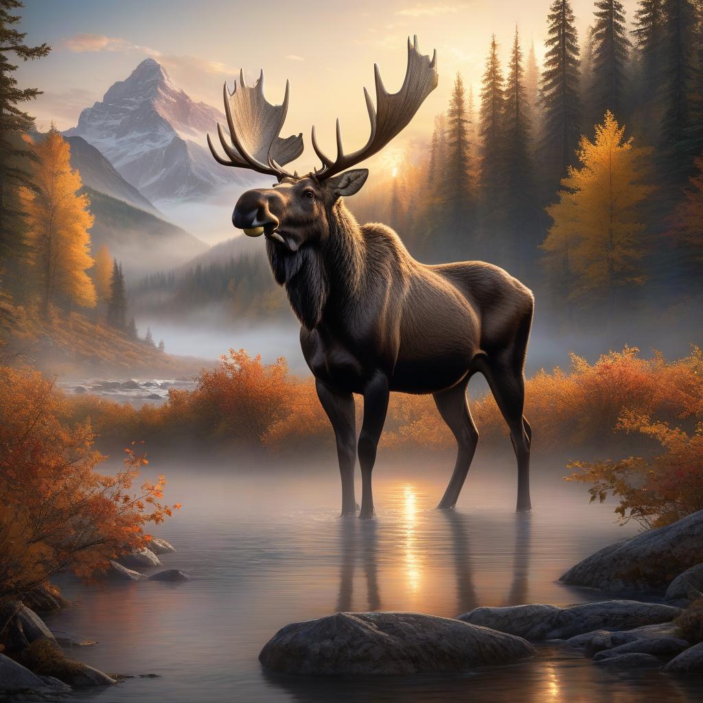  hyperrealistic art A majestic moose stands by a serene river amidst a misty, autumnal forest with a striking mountain backdrop at sunset. . extremely high resolution details, photographic, realism pushed to extreme, fine texture, incredibly lifelike hyperrealistic, full body, detailed clothing, highly detailed, cinematic lighting, stunningly beautiful, intricate, sharp focus, f/1. 8, 85mm, (centered image composition), (professionally color graded), ((bright soft diffused light)), volumetric fog, trending on instagram, trending on tumblr, HDR 4K, 8K