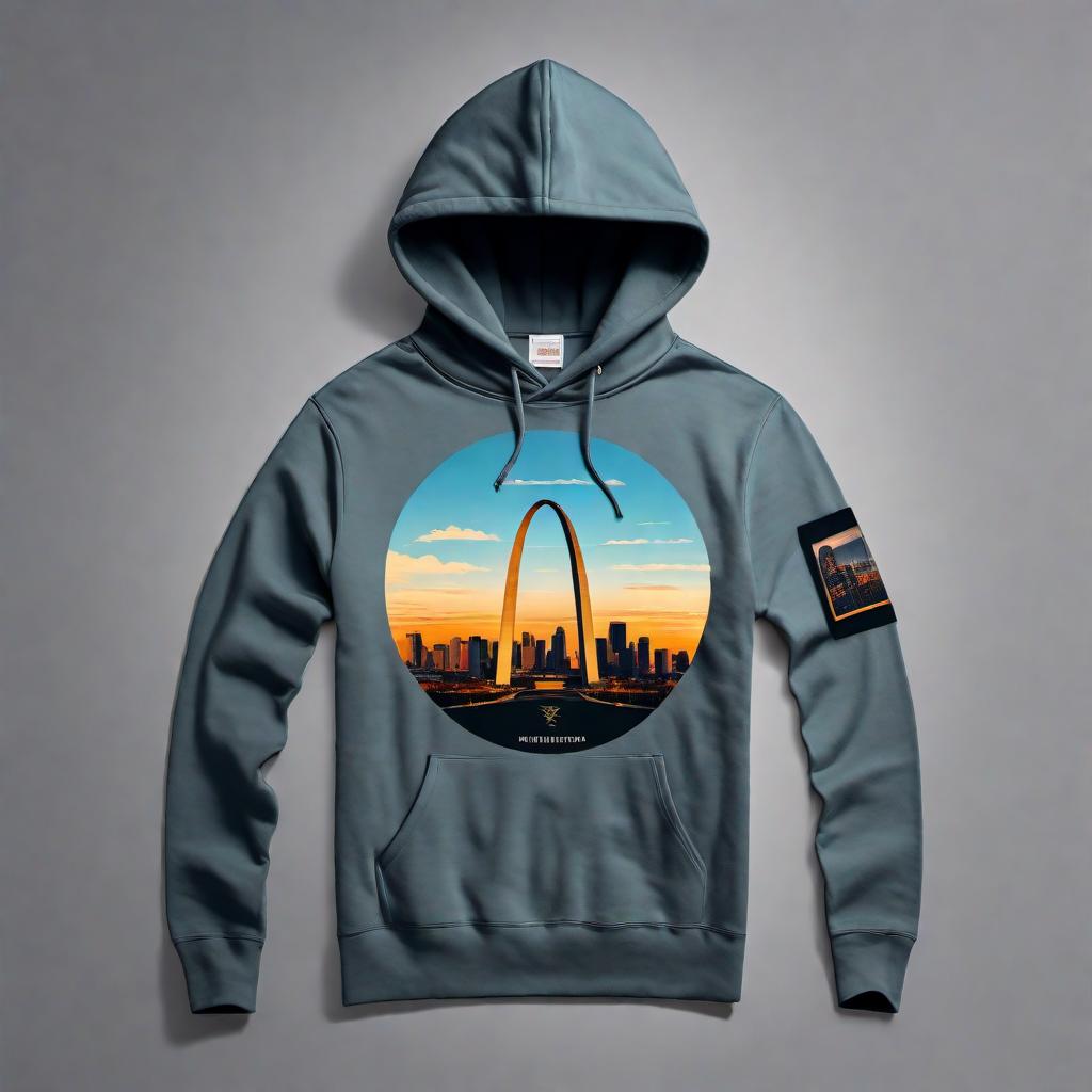  A hoodie logo for a real solid and genuine dude who lives in St. Louis, MO. The design should reflect the city's spirit with elements like the Gateway Arch and iconic elements that represent a rugged, authentic, and reliable personality. Add a hustler theme, incorporating elements that convey hustle, resilience, and street-smart determination. The design should be original, stylish, and modern, suitable for a hoodie, with a mix of bold and subtle colors. hyperrealistic, full body, detailed clothing, highly detailed, cinematic lighting, stunningly beautiful, intricate, sharp focus, f/1. 8, 85mm, (centered image composition), (professionally color graded), ((bright soft diffused light)), volumetric fog, trending on instagram, trending on tumblr, HDR 4K, 8K