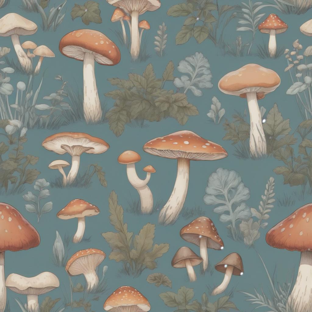  minimalist style A patterned image of mushrooms (enoki, biji, enokitake, cordsiceps, shiitake, ezobiru); the colors are deep green, brown, light blue, orange red, olive, and beige. . simple, clean, uncluttered, modern, elegant hyperrealistic, full body, detailed clothing, highly detailed, cinematic lighting, stunningly beautiful, intricate, sharp focus, f/1. 8, 85mm, (centered image composition), (professionally color graded), ((bright soft diffused light)), volumetric fog, trending on instagram, trending on tumblr, HDR 4K, 8K