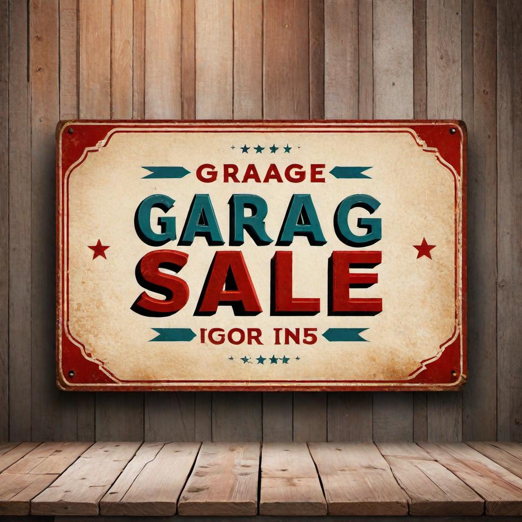  Vintage style 'Garage Sale' sign with retro fonts, distressed textures, and decorative elements. A weathered background with bold typography emphasizing 'Garage Sale'. Include a pointing arrow and space for date and location information. hyperrealistic, full body, detailed clothing, highly detailed, cinematic lighting, stunningly beautiful, intricate, sharp focus, f/1. 8, 85mm, (centered image composition), (professionally color graded), ((bright soft diffused light)), volumetric fog, trending on instagram, trending on tumblr, HDR 4K, 8K