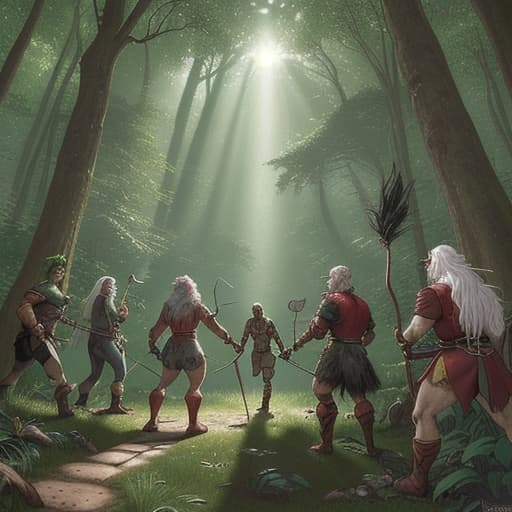  80's fantasy art, A determined young fighter with white hair and red eyes leading a small party through a dense forest path. The group includes a burly woodsman, a skilled archer, and a healer holding a staff. Sunlight filters through the trees as they search for signs of goblin activity.