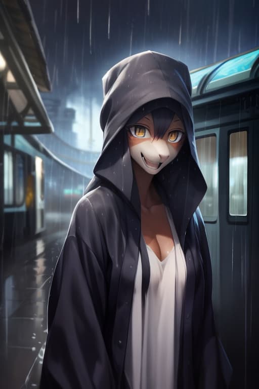  masterpiece, best quality, perfect anatomy, bright eyes, watery eyes, by t.y.stars, by null ghost, by k0bit0wani, (felis:0.25), female,solo, baggy clothing, (open smile:1.1), gentle, looking at viewer, train station, rain, (waterdrop:0.9), grey sky, raining, (fog:0.4), detailed background hyperrealistic, full body, detailed clothing, highly detailed, cinematic lighting, stunningly beautiful, intricate, sharp focus, f/1. 8, 85mm, (centered image composition), (professionally color graded), ((bright soft diffused light)), volumetric fog, trending on instagram, trending on tumblr, HDR 4K, 8K