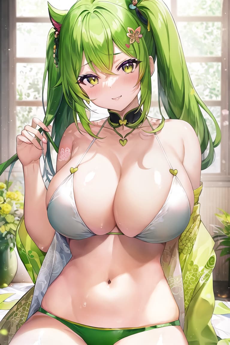  master piece , best quality,green pink hair、yellow eye、汗、垂れ目、巨乳、長身、隣、love、heart、tatoo、luxuary、sex、happiness、exciting、pink garter velt、ハグ