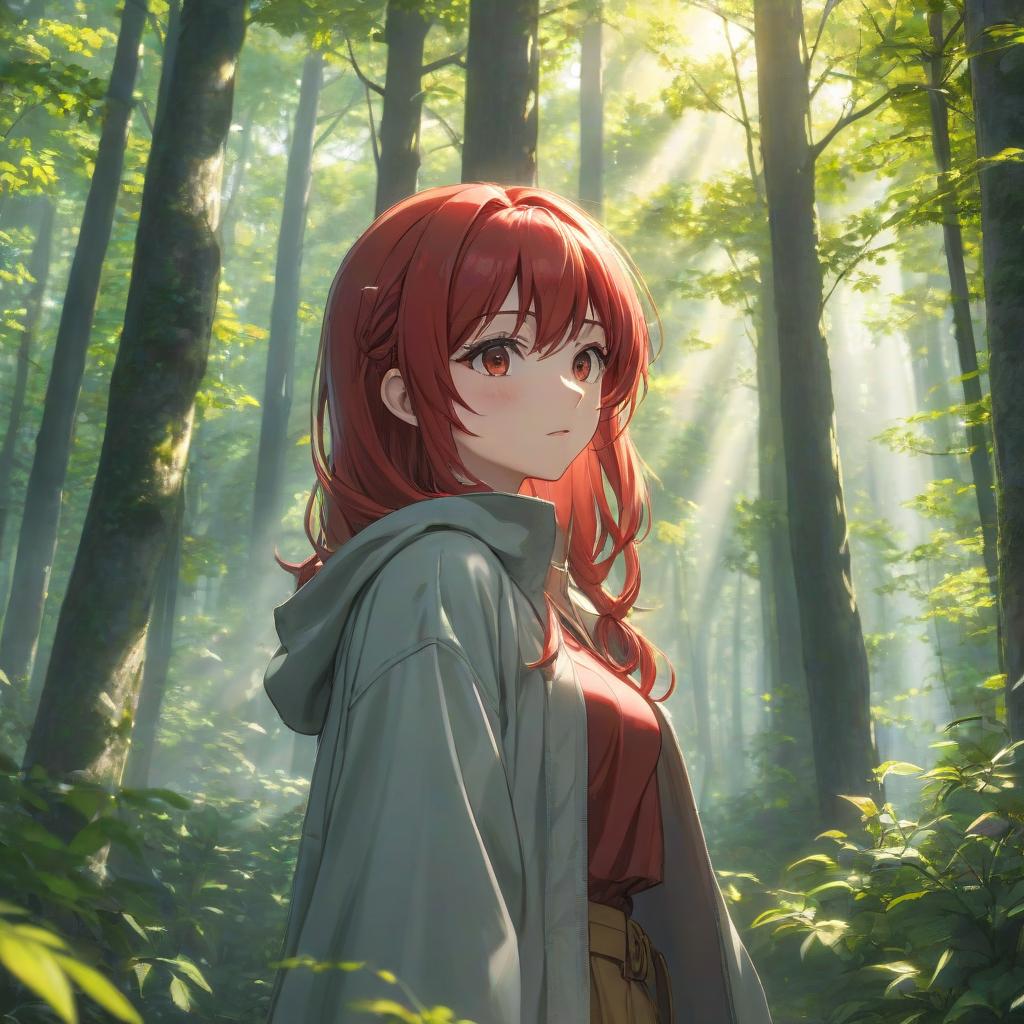  anime artwork Sketch a red haired character against a backdrop of a sunny forest, the light should fall on their face. . anime style, key visual, vibrant, studio anime, highly detailed hyperrealistic, full body, detailed clothing, highly detailed, cinematic lighting, stunningly beautiful, intricate, sharp focus, f/1. 8, 85mm, (centered image composition), (professionally color graded), ((bright soft diffused light)), volumetric fog, trending on instagram, trending on tumblr, HDR 4K, 8K