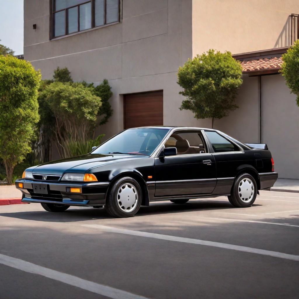  1992 Honda Accord Coupe in black color, parked on a road. The car should emphasize its sporty design elements, including its sleek front grille, distinctive alloy wheels, and classic early 90s coupe body lines. The background should be simple to keep the focus on the car. hyperrealistic, full body, detailed clothing, highly detailed, cinematic lighting, stunningly beautiful, intricate, sharp focus, f/1. 8, 85mm, (centered image composition), (professionally color graded), ((bright soft diffused light)), volumetric fog, trending on instagram, trending on tumblr, HDR 4K, 8K