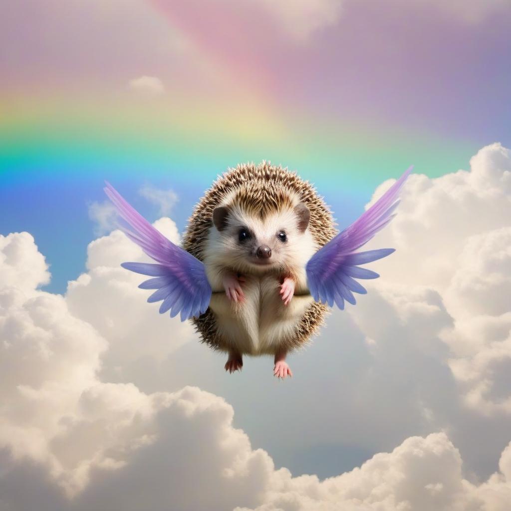  Hedgehog flies in the clouds towards an angel with rainbow wings