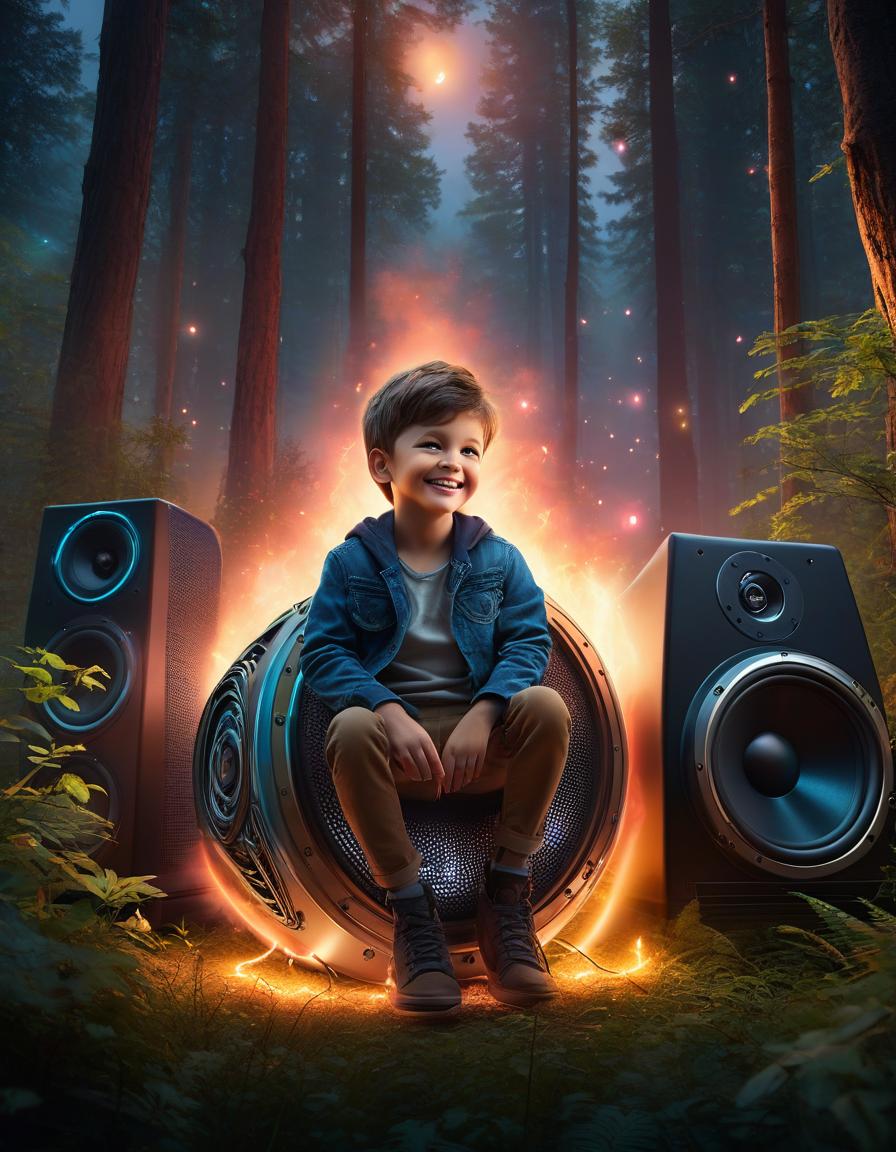  A little boy sits with a smile on a huge music speaker, the speaker glows with neon lamps, against the backdrop of a twilight forest with glowing fireflies, digital painting, 1024k hyperrealistic, full body, detailed clothing, highly detailed, cinematic lighting, stunningly beautiful, intricate, sharp focus, f/1. 8, 85mm, (centered image composition), (professionally color graded), ((bright soft diffused light)), volumetric fog, trending on instagram, trending on tumblr, HDR 4K, 8K