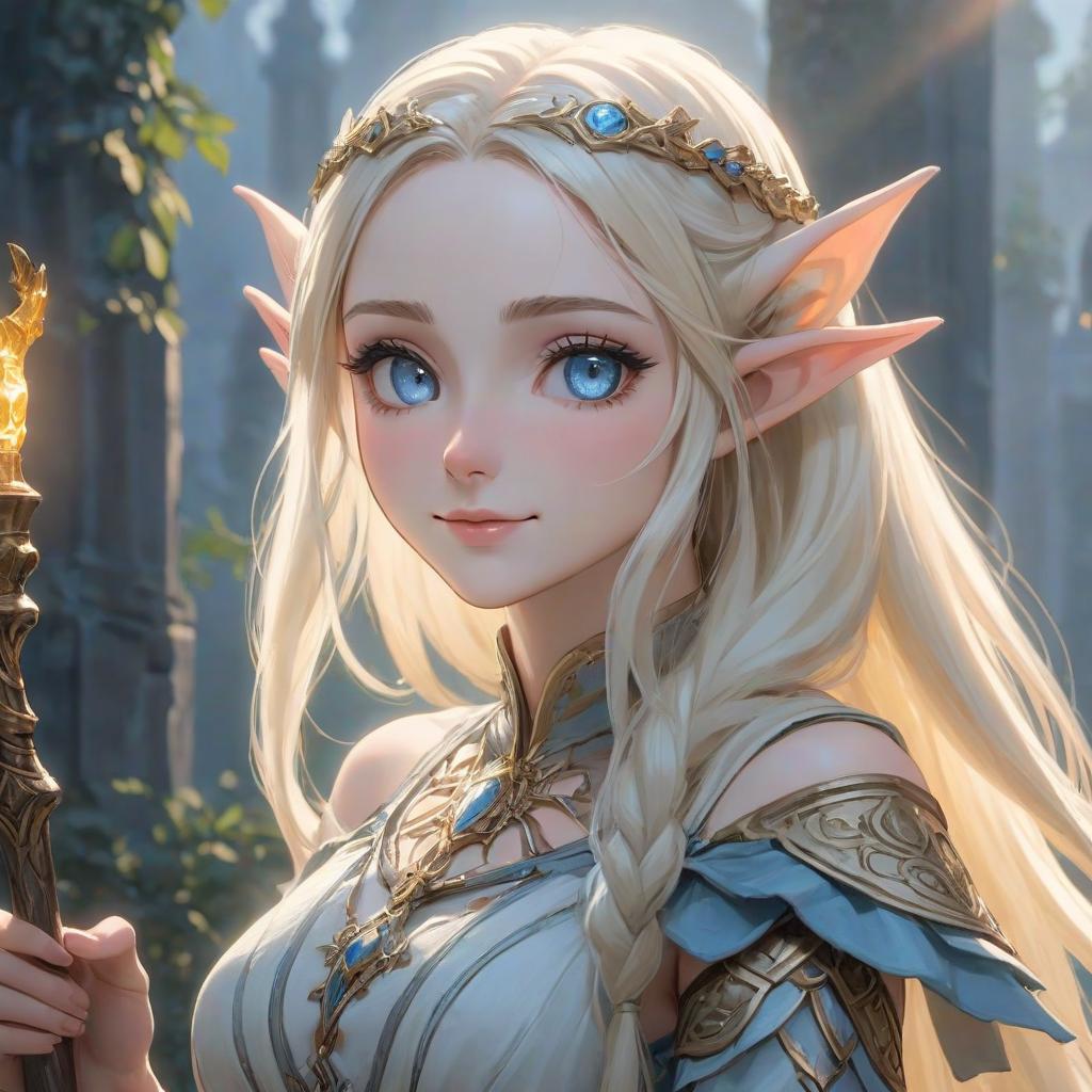  A confident elf with long ears and a gentle smile. She is kind, but fair. The High priestess of the Temple of Light and Darkness. The skin is pale. Her hair is blond, almost white. Her eyes are pale blue, almost white. She holds a staff in her hand. hyperrealistic, full body, detailed clothing, highly detailed, cinematic lighting, stunningly beautiful, intricate, sharp focus, f/1. 8, 85mm, (centered image composition), (professionally color graded), ((bright soft diffused light)), volumetric fog, trending on instagram, trending on tumblr, HDR 4K, 8K