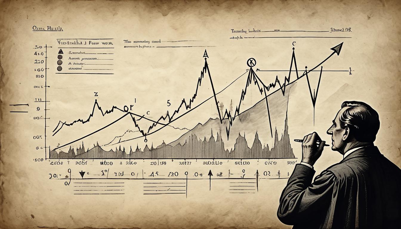  on parchment, surrealism+++, Hands manipulating a line graph, the graph showing a downward trend, ominous financial symbols in the background, shadowy figures observing, control, economic power, dark and controlling atmosphere(mysterious, provocative, symbolic,muted color)+++