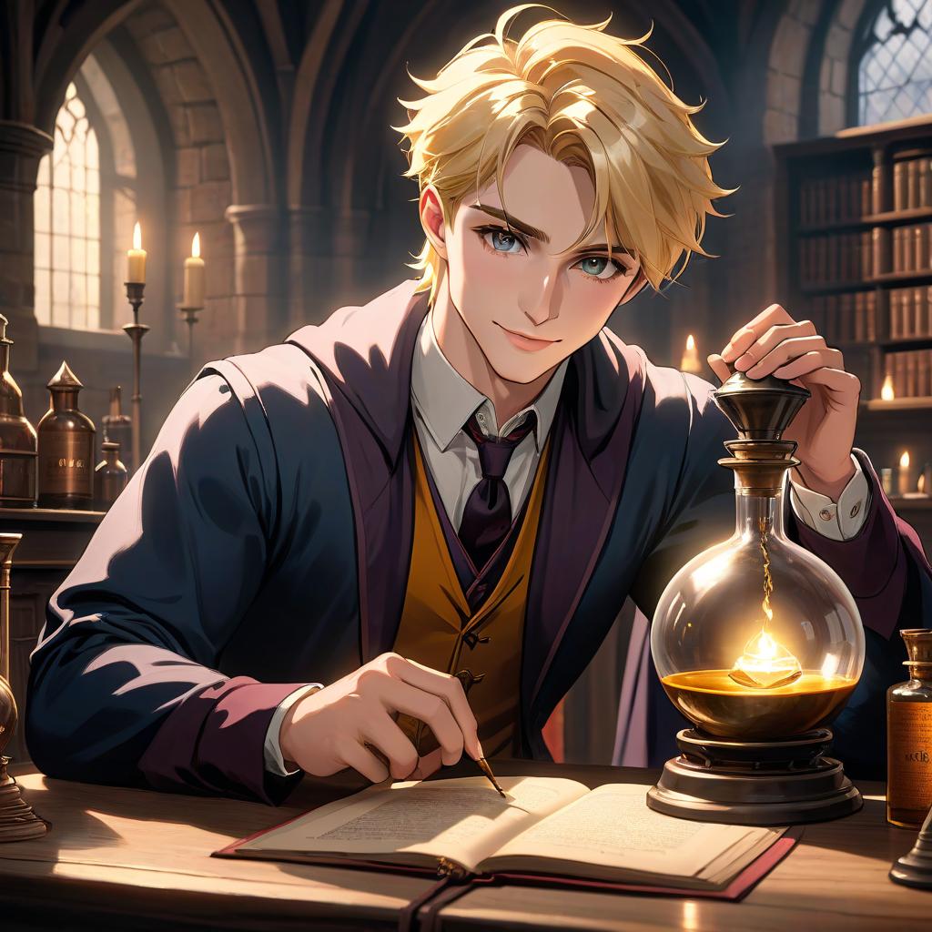  Clear lines, good detailing, high quality picture. Portrait of a young man, blond, neat facial features, (sharp nose), (soft skin), (slightly parted lips). Sly smile, (beautiful fangs). Potions classroom, (Hogwarts), (lush lighting), (play of light), (glass flasks). Quality anatomy, realistic face, realistic body. hyperrealistic, full body, detailed clothing, highly detailed, cinematic lighting, stunningly beautiful, intricate, sharp focus, f/1. 8, 85mm, (centered image composition), (professionally color graded), ((bright soft diffused light)), volumetric fog, trending on instagram, trending on tumblr, HDR 4K, 8K