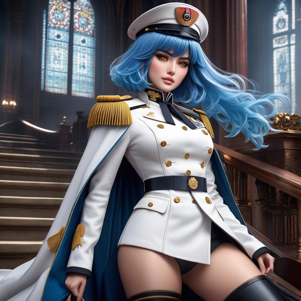  Girl, paladin, (full body), blue hair, bob haircut, bright yellow eyes, hourglass figure, military uniform, (ceremonial uniform of the 19th century), white clothes, white cloak, leggings, high top boots, tight boots, cap, hat, belt, choker, epaulettes, awards, looks at viewer, looks down, evil grin, (extremely hyper detailed face), (masterpiece: 1.4), (perfect eyes: 1.1), (perfect hands), 2D, anime, extremely detailed clothing. hyperrealistic, full body, detailed clothing, highly detailed, cinematic lighting, stunningly beautiful, intricate, sharp focus, f/1. 8, 85mm, (centered image composition), (professionally color graded), ((bright soft diffused light)), volumetric fog, trending on instagram, trending on tumblr, HDR 4K, 8K