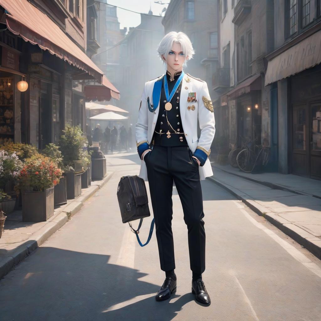  A has white hair, blue eyes, a lace , a medal, and black pants. In the same place is a boy with white hair, blue eyes, a lace , a medal, and black pants. hyperrealistic, full body, detailed clothing, highly detailed, cinematic lighting, stunningly beautiful, intricate, sharp focus, f/1. 8, 85mm, (centered image composition), (professionally color graded), ((bright soft diffused light)), volumetric fog, trending on instagram, trending on tumblr, HDR 4K, 8K