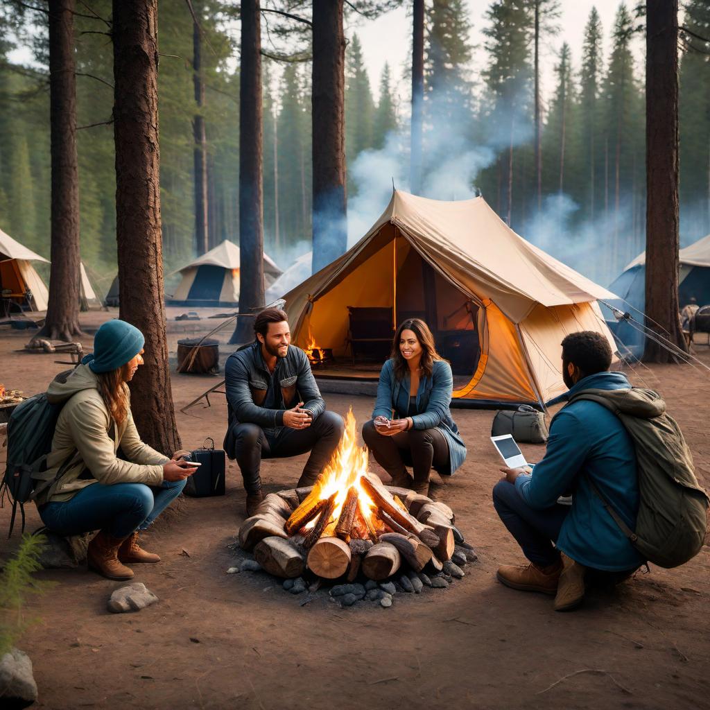  A campfire scene in a natural setting, surrounded by trees, integrating the provided photo. Around the campfire, there is high-tech equipment such as laptops, tablets, and drones. LED lights and solar panels are part of the camp setup. People are sitting around the fire, engaging with the technology and in a warm, social atmosphere. Incorporate elements from the attached photo into the camp setup. hyperrealistic, full body, detailed clothing, highly detailed, cinematic lighting, stunningly beautiful, intricate, sharp focus, f/1. 8, 85mm, (centered image composition), (professionally color graded), ((bright soft diffused light)), volumetric fog, trending on instagram, trending on tumblr, HDR 4K, 8K