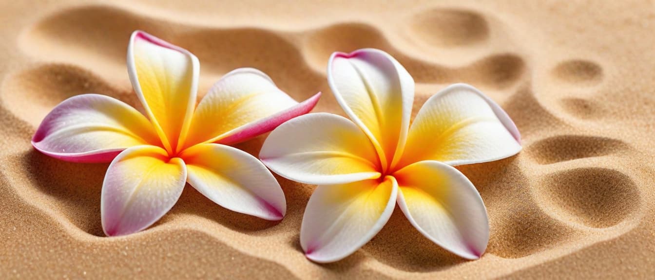  Macro Photography, Beach summer panoramic background with frangipani flowers on the sand, paper cut art., close up, macro 100mm, macro photography