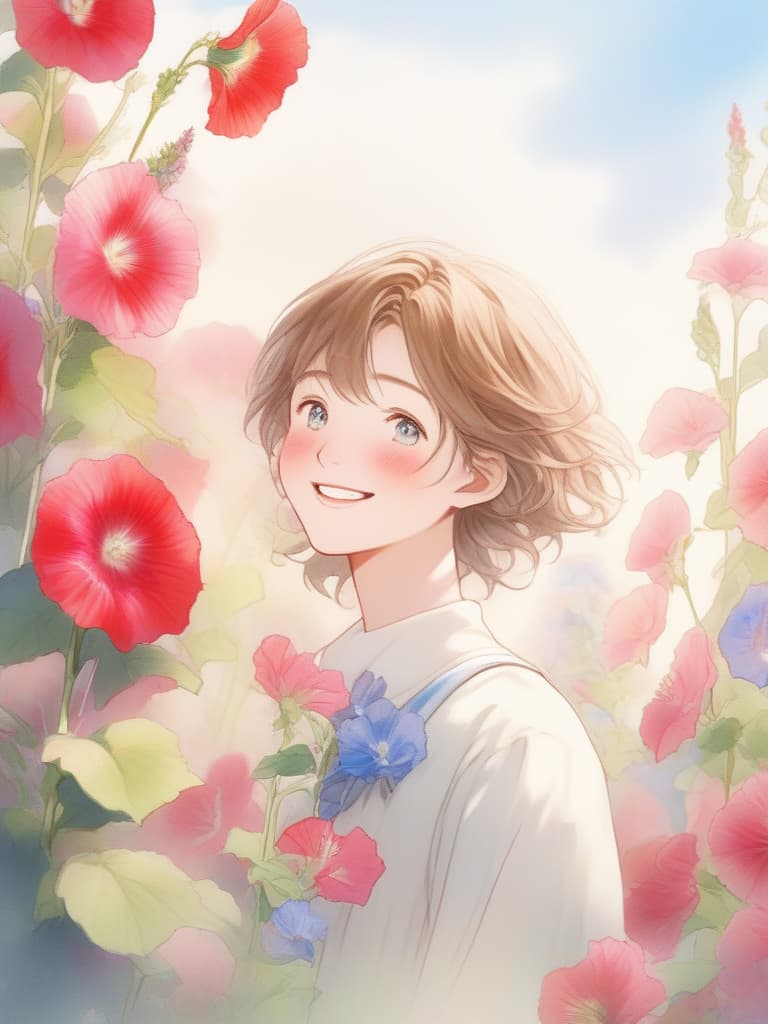  Masterpiece,one male,delicate brown hair,delicate blue eye color,short hair,happy smile,Hollyhocks flowers,happy colors,gentle hues,super high quality,16K, masterpiece, best quality,8k,ultra detailed,high resolution,an extremely delicate and beautiful,hyper detail