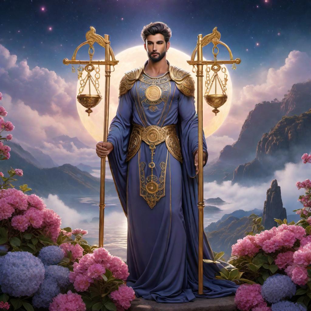  Male fantasy-style portrait representing the Libra zodiac sign with a lofi aesthetic. The character should have a balanced and harmonious look, with scales as accessories symbolizing Libra. The art should combine soft, dreamy, and relaxed lofi elements. Include celestial or cosmic background details for an enchanting atmosphere. hyperrealistic, full body, detailed clothing, highly detailed, cinematic lighting, stunningly beautiful, intricate, sharp focus, f/1. 8, 85mm, (centered image composition), (professionally color graded), ((bright soft diffused light)), volumetric fog, trending on instagram, trending on tumblr, HDR 4K, 8K