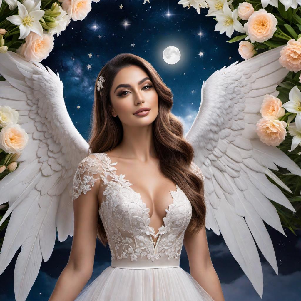  A peaceful night sky with a glowing moon surrounded by stars. Two bright stars representing Lily and Ariana. The phrase 'I love you to the moon and back' gracefully included. Subtle flower elements, especially lilies, to symbolize Lily. Adding angel wings to symbolize protection and peace. hyperrealistic, full body, detailed clothing, highly detailed, cinematic lighting, stunningly beautiful, intricate, sharp focus, f/1. 8, 85mm, (centered image composition), (professionally color graded), ((bright soft diffused light)), volumetric fog, trending on instagram, trending on tumblr, HDR 4K, 8K