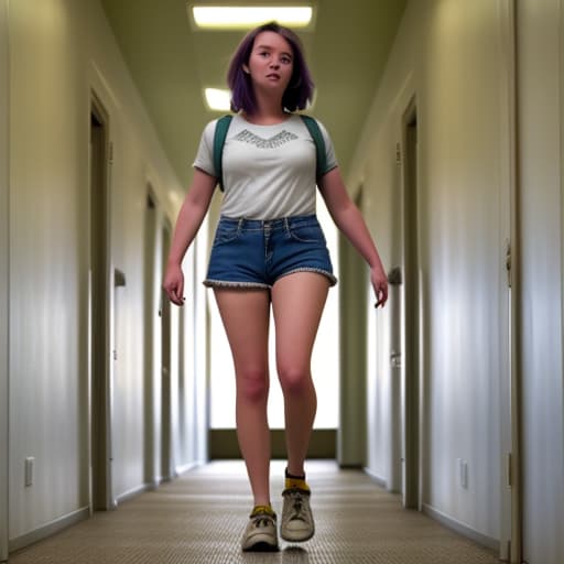  a high walking through a hallway. the is wearing very short, jean shorts, exposing her lower ocks. . colored .photo is position from the ground, behind the . high quality no extra limbs