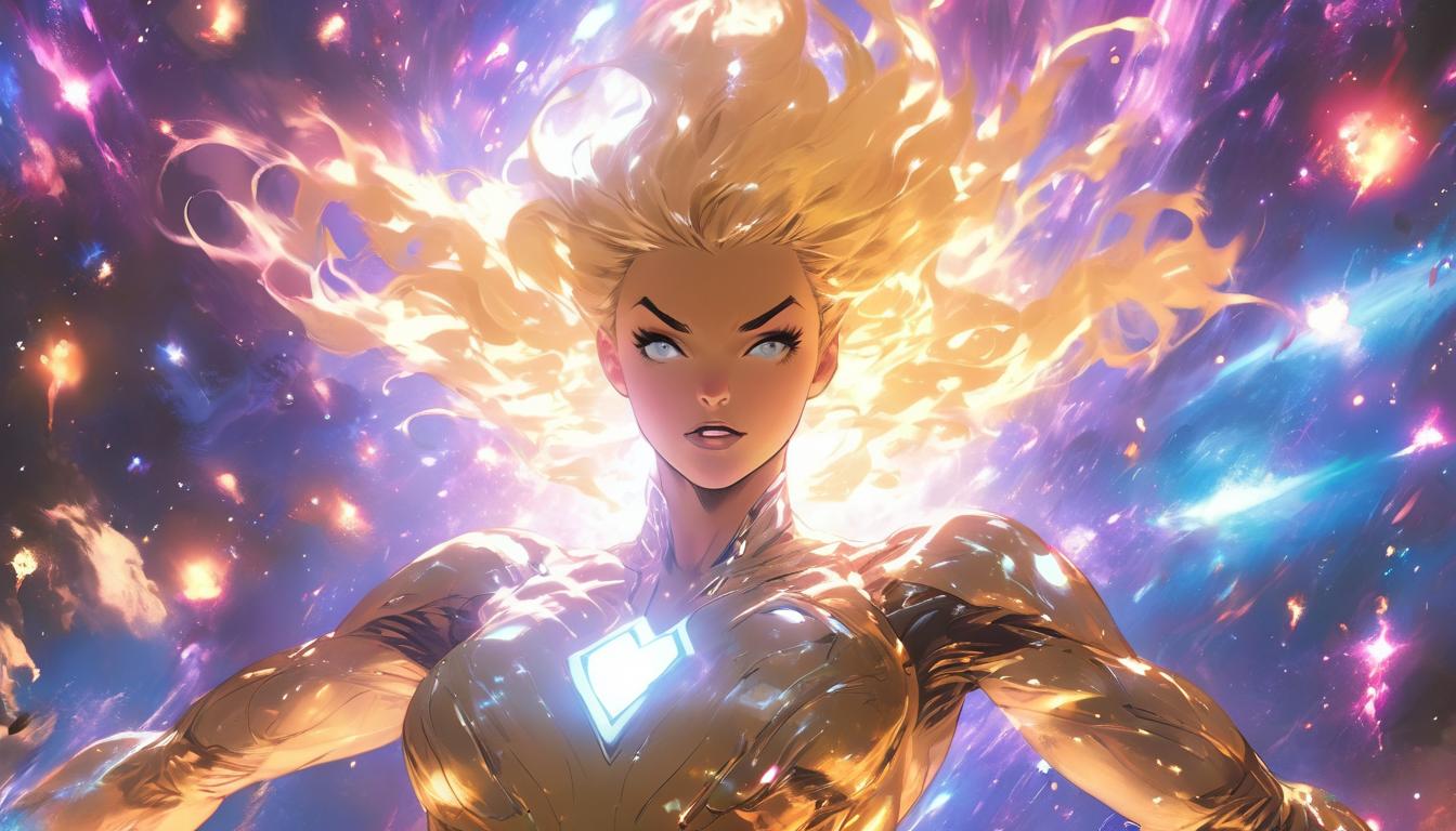  hyperrealism,fantasy aesthetic1woman, large busted attractive blonde arian female humanoid, eyes closed, floating in a galaxy, surrounded by stars and planetary bodies, arms open wide, face illuminated by cosmic light, high tech clothing clad in sleek, futuristic costume with metallic accents and form fitting designs, marvel superhero comics style, unreal engine rendering