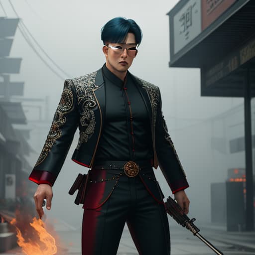  Korean gang leader In the daytime hyperrealistic, full body, detailed clothing, highly detailed, cinematic lighting, stunningly beautiful, intricate, sharp focus, f/1. 8, 85mm, (centered image composition), (professionally color graded), ((bright soft diffused light)), volumetric fog, trending on instagram, trending on tumblr, HDR 4K, 8K