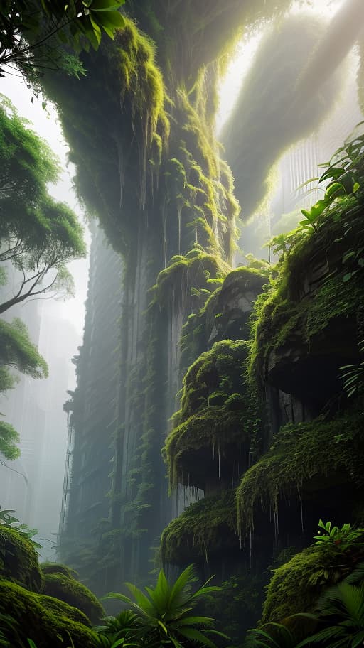  Create an image of rock jungles where tall stone skyscrapers and dense tropical vegetation intermix. The skyscrapers should be covered with moss and vines, and trees and shrubs should push through between the buildings. Atmospheric photo with soft sunset light, filtering through the leaves. hyperrealistic, full body, detailed clothing, highly detailed, cinematic lighting, stunningly beautiful, intricate, sharp focus, f/1. 8, 85mm, (centered image composition), (professionally color graded), ((bright soft diffused light)), volumetric fog, trending on instagram, trending on tumblr, HDR 4K, 8K